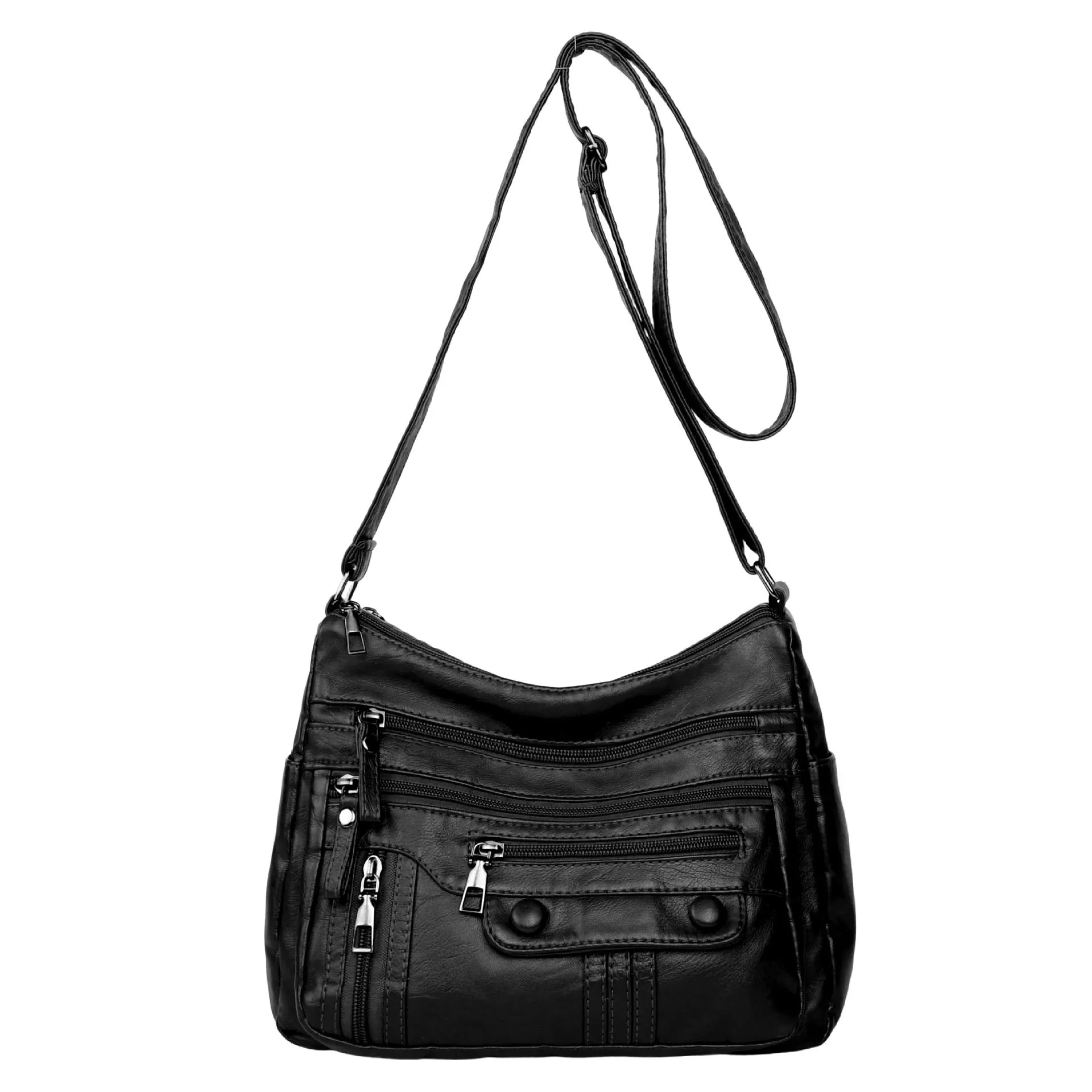Soft PU leather shoulder bag for women in 8022 Black, with zippered compartments and cross-body strap
