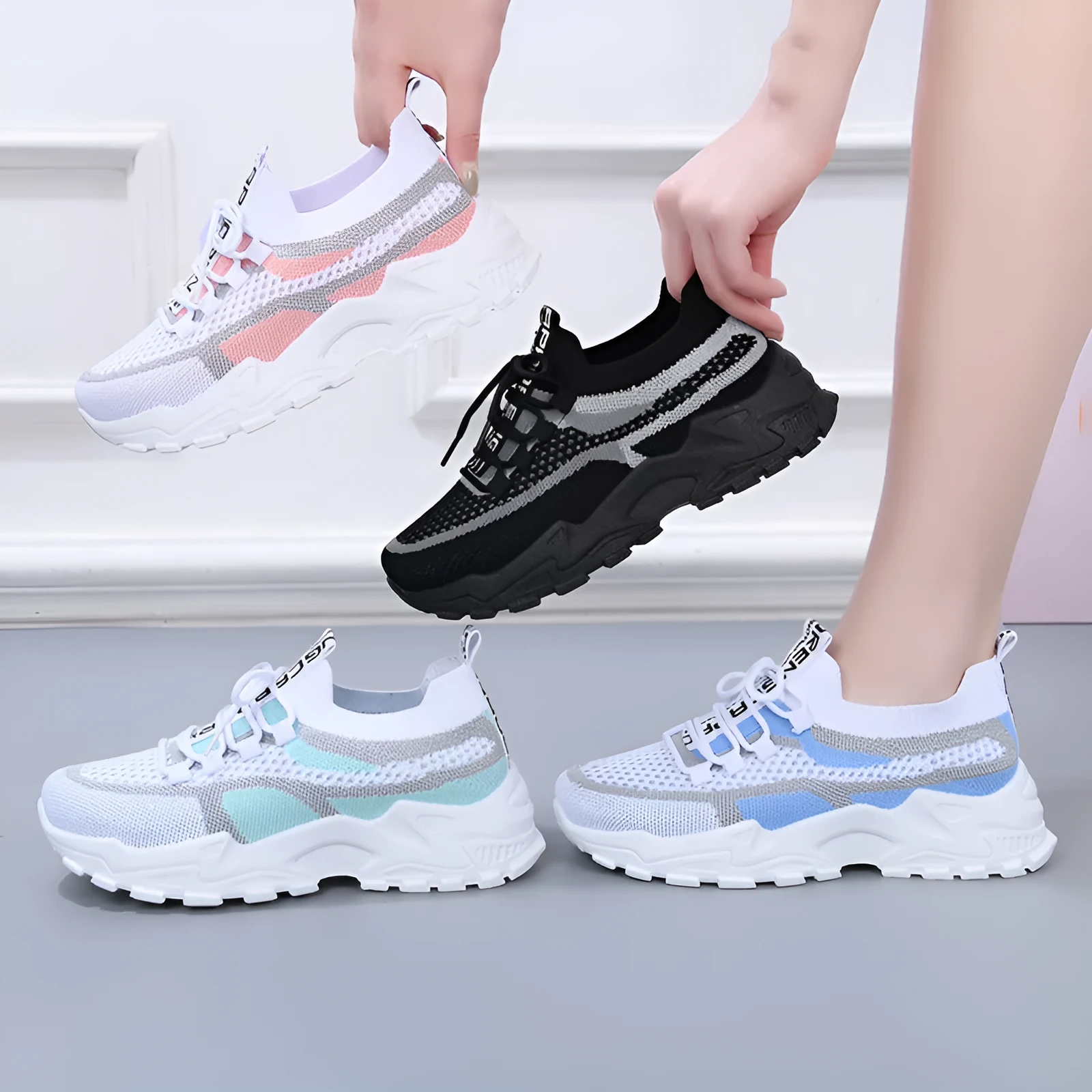 Outdoor fashion casual platform women's sneakers in black with PVC low top flat heel