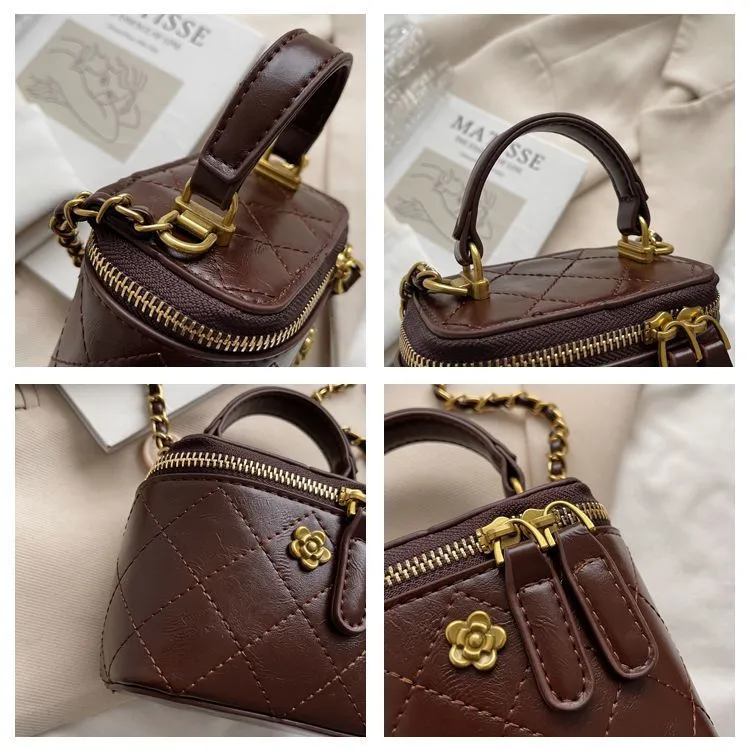 Portable Diamond Chain Mini Satchel nylon crossbody bag with chain strap in beige colour