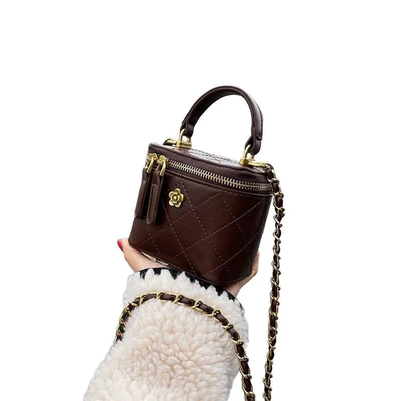 Portable Diamond Chain Mini Satchel nylon crossbody bag with chain strap in beige colour