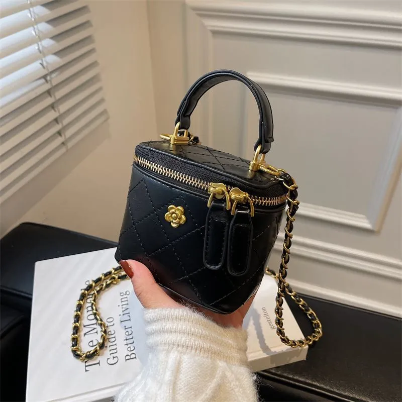 Portable Diamond Chain Mini Satchel nylon crossbody bag with chain strap in beige colour