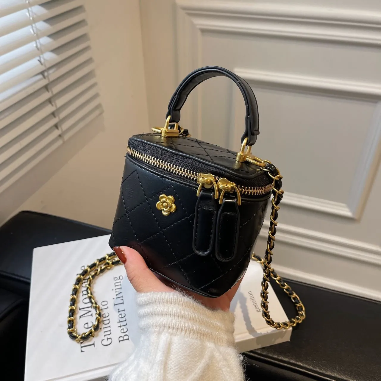 Portable Diamond Chain Mini Satchel nylon crossbody bag with chain strap in beige colour