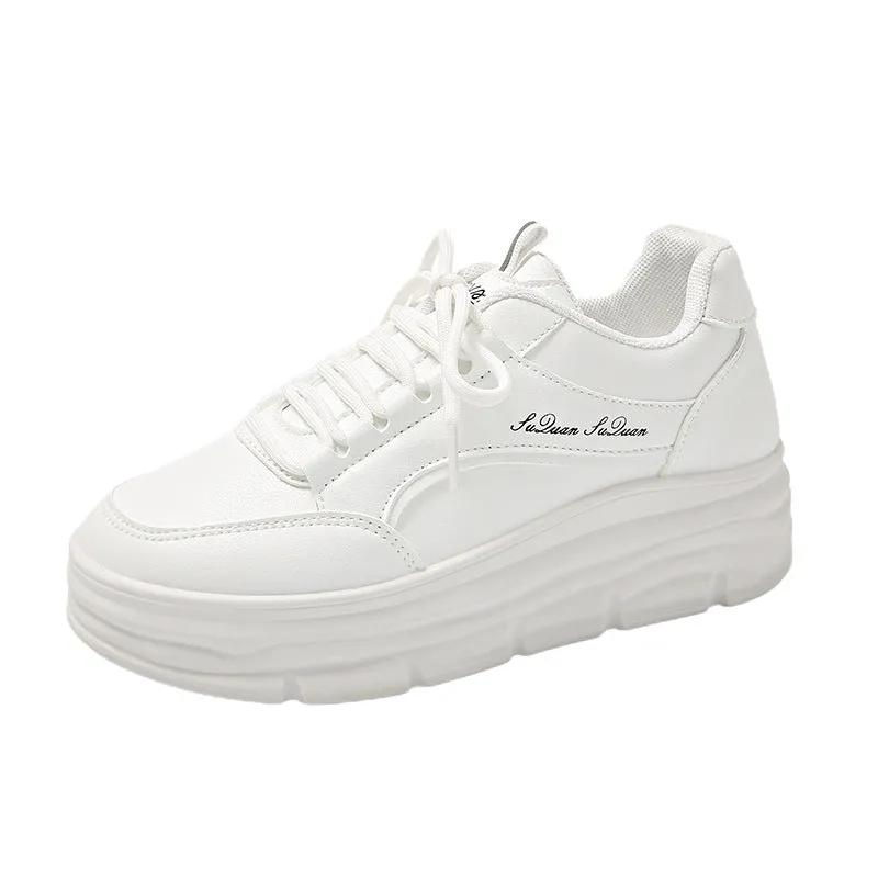 Thick bottom height increasing casual shoes in khaki with synthetic leather upper and lace-up closure