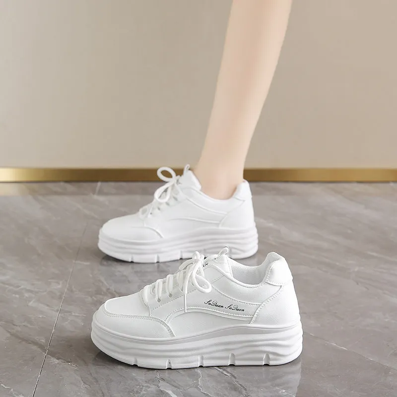 Thick bottom height increasing casual shoes in khaki with synthetic leather upper and lace-up closure