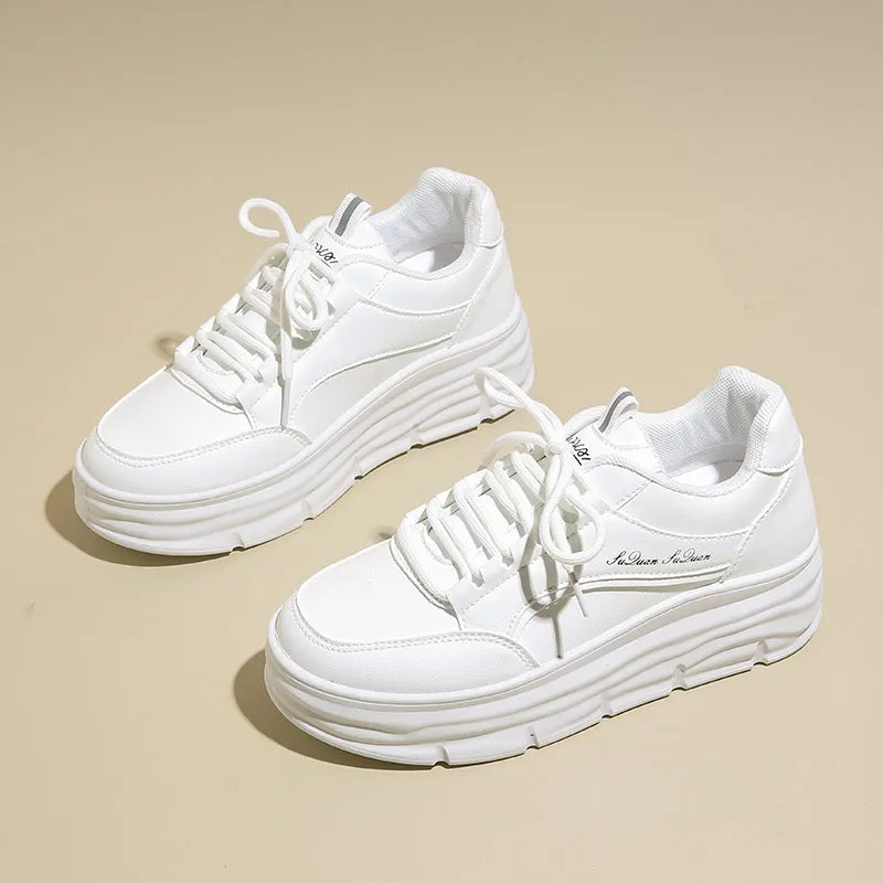 Thick bottom height increasing casual shoes in khaki with synthetic leather upper and lace-up closure