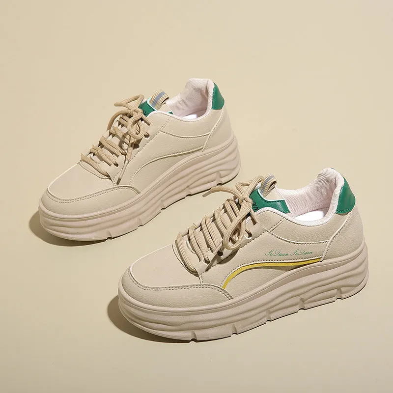 Thick bottom height increasing casual shoes in khaki with synthetic leather upper and lace-up closure
