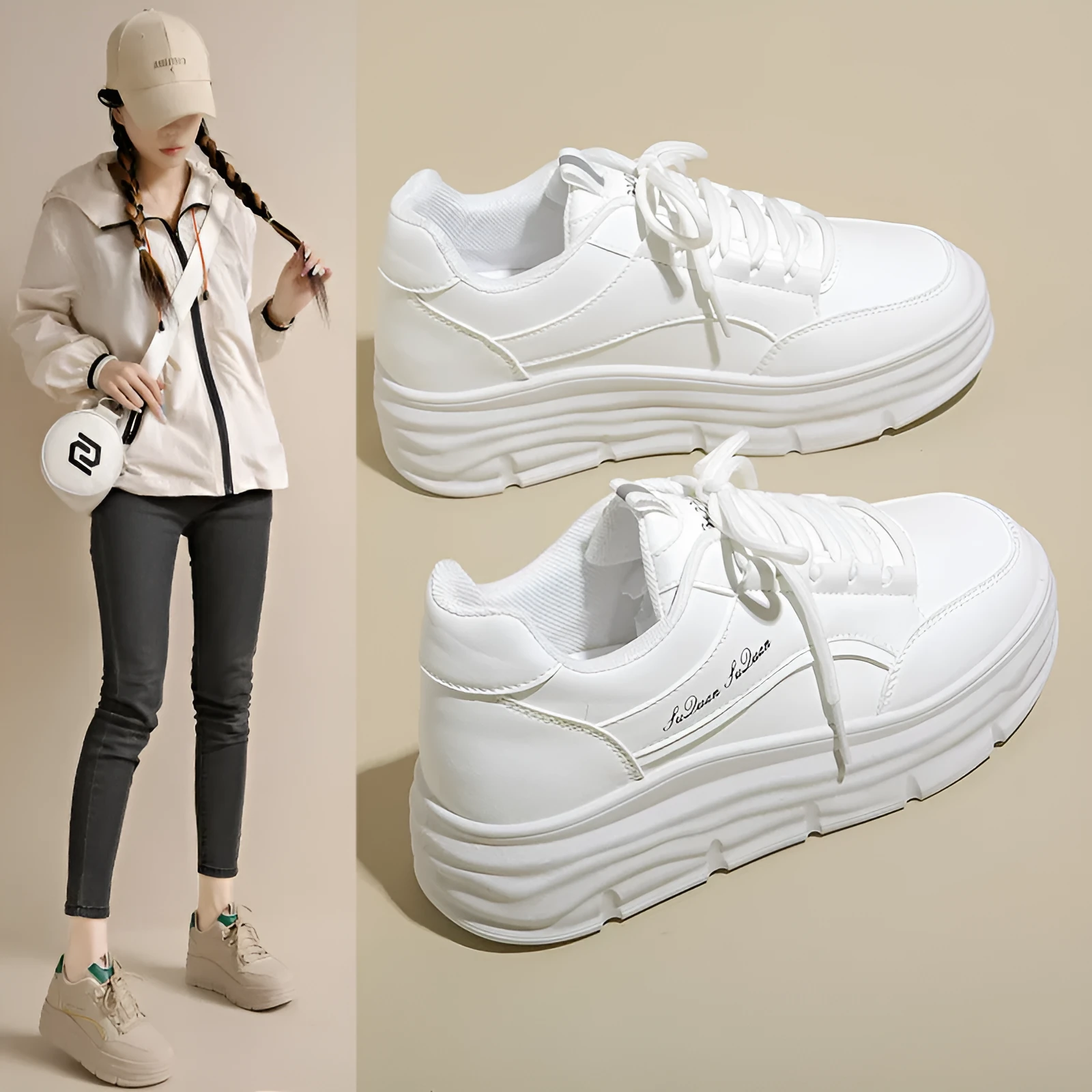 Thick bottom height increasing casual shoes in khaki with synthetic leather upper and lace-up closure