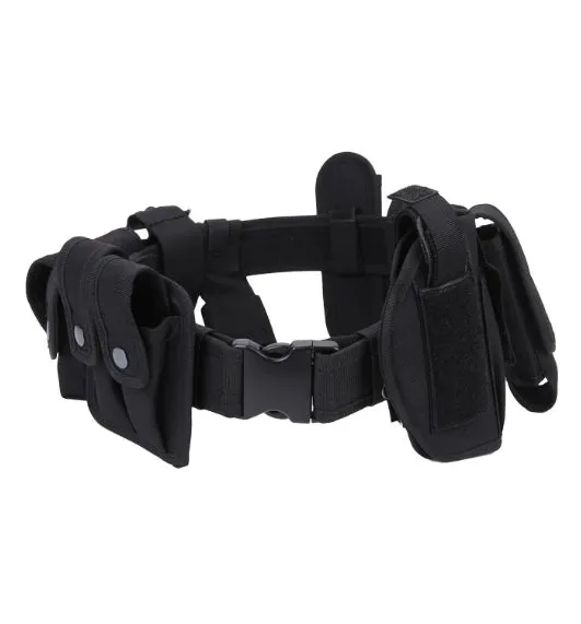 Black 600D nylon tactical duty belt with quick-release plastic buckle on plain background