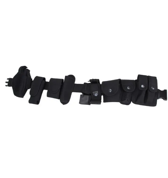 Black 600D nylon tactical duty belt with quick-release plastic buckle on plain background