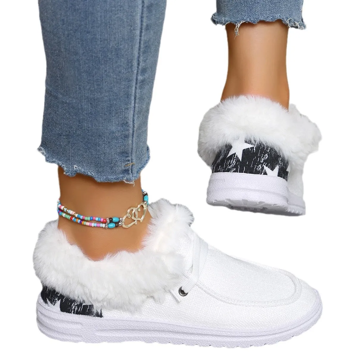 Women's Pumps Plus Size Flat Heel Furry Retro Casual Mom Shoes Suede Leather Round Toe Breathable Wear-Resistant Low Top Shallow Mouth Rubber Sole Oversleeves Style Available in Black White Gray Sizes 36-43