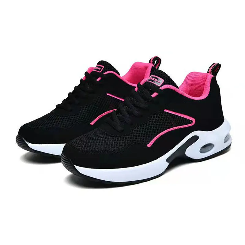 Breathable mesh low-top casual sneaker for elderly with flat heel and shallow mouth in black and white and black and red colour options