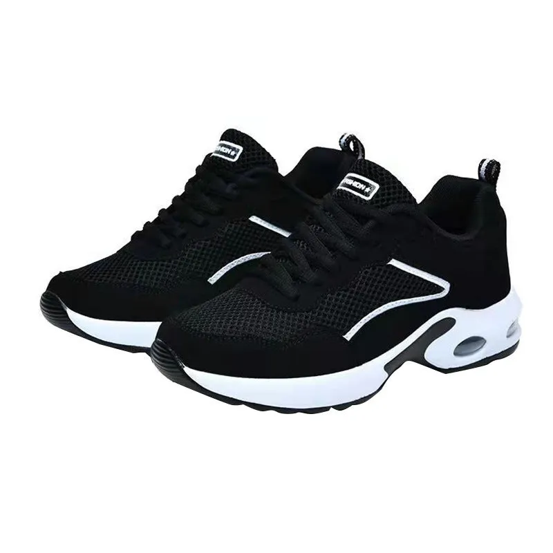 Breathable mesh low-top casual sneaker for elderly with flat heel and shallow mouth in black and white and black and red colour options