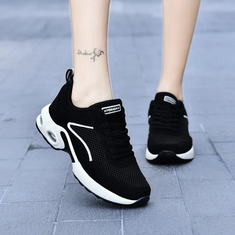 Breathable mesh low-top casual sneaker for elderly with flat heel and shallow mouth in black and white and black and red colour options