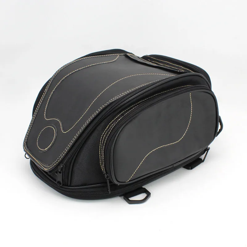 Retro motorcycle tail bag in black for helmet storage with waterproof PVC construction