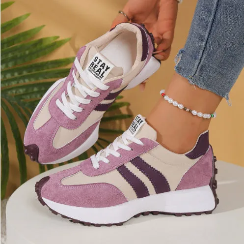 Women's thick bottom breathable casual sneakers in black with PU upper and flat heel