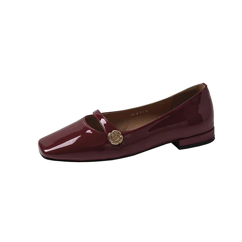 Wine red French low heel chunky heel pumps with square toe and microfiber upper