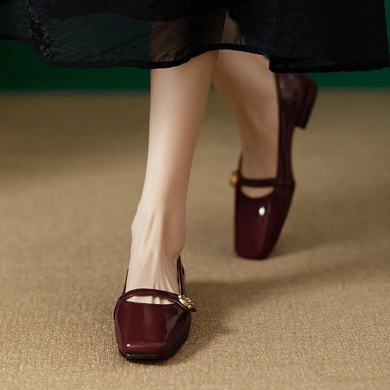Wine red French low heel chunky heel pumps with square toe and microfiber upper