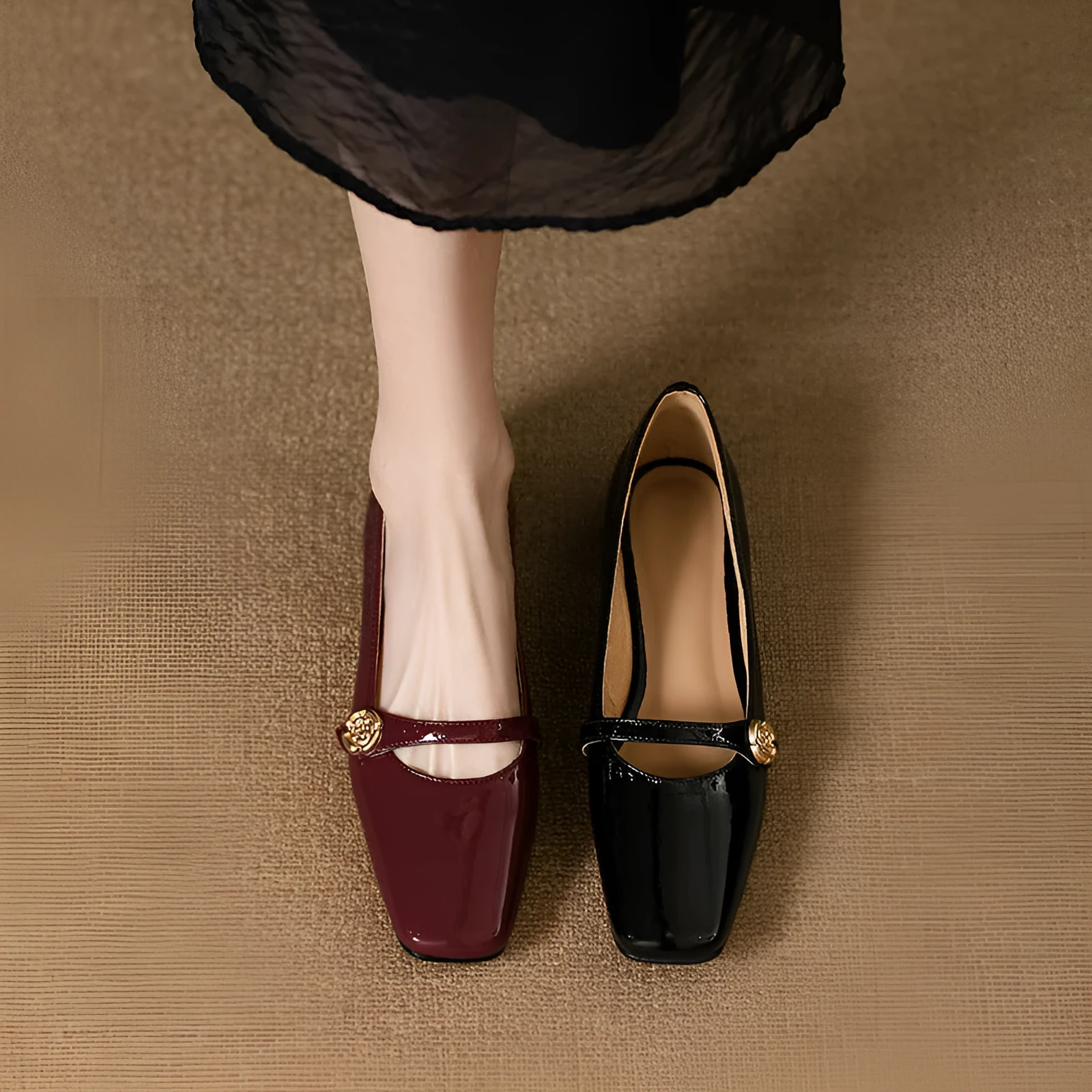 Wine red French low heel chunky heel pumps with square toe and microfiber upper