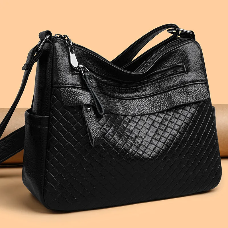 Women's soft PU crossbody bag in urban minimalism style with diamond pattern stitching, 28x22x11cm