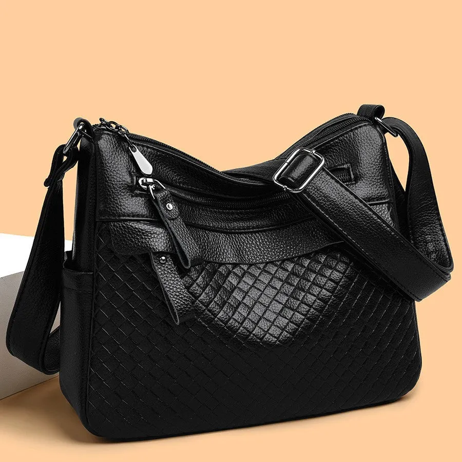 Women's soft PU crossbody bag in urban minimalism style with diamond pattern stitching, 28x22x11cm