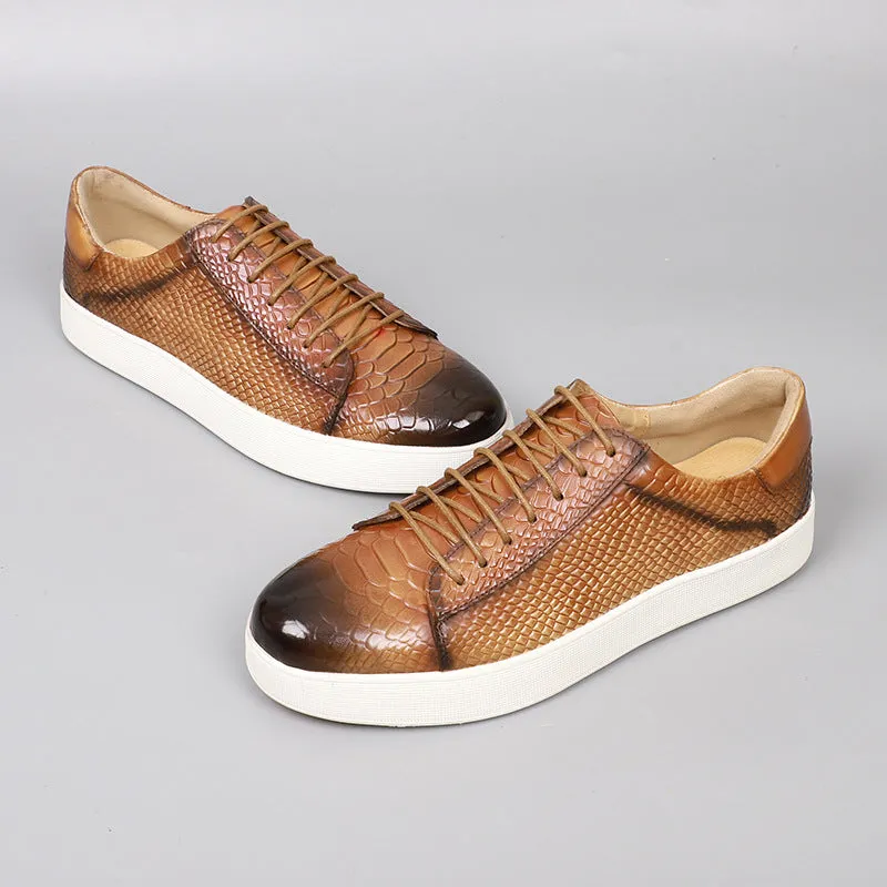 Lace-up embossed flat casual leather shoes for men in caramel colour, first layer cowhide, rubber sole, round toe, low heel