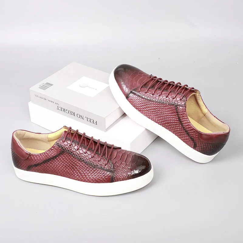 Lace-up embossed flat casual leather shoes for men in caramel colour, first layer cowhide, rubber sole, round toe, low heel