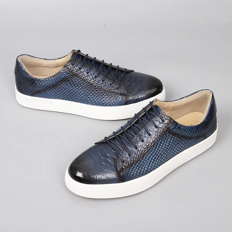 Lace-up embossed flat casual leather shoes for men in caramel colour, first layer cowhide, rubber sole, round toe, low heel