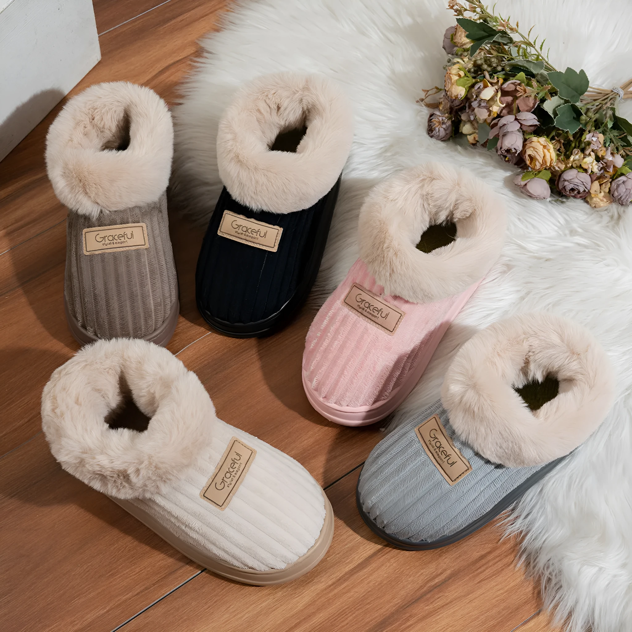 Unisex corduroy cotton round toe slippers in khaki colour, indoor footwear