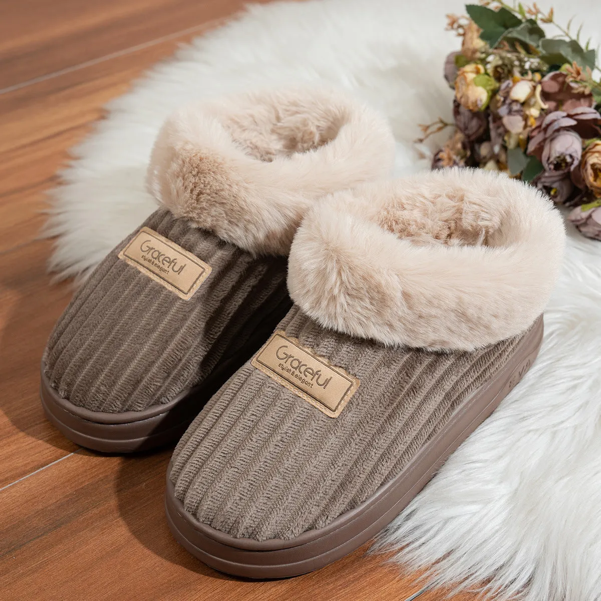 Unisex corduroy cotton round toe slippers in khaki colour, indoor footwear