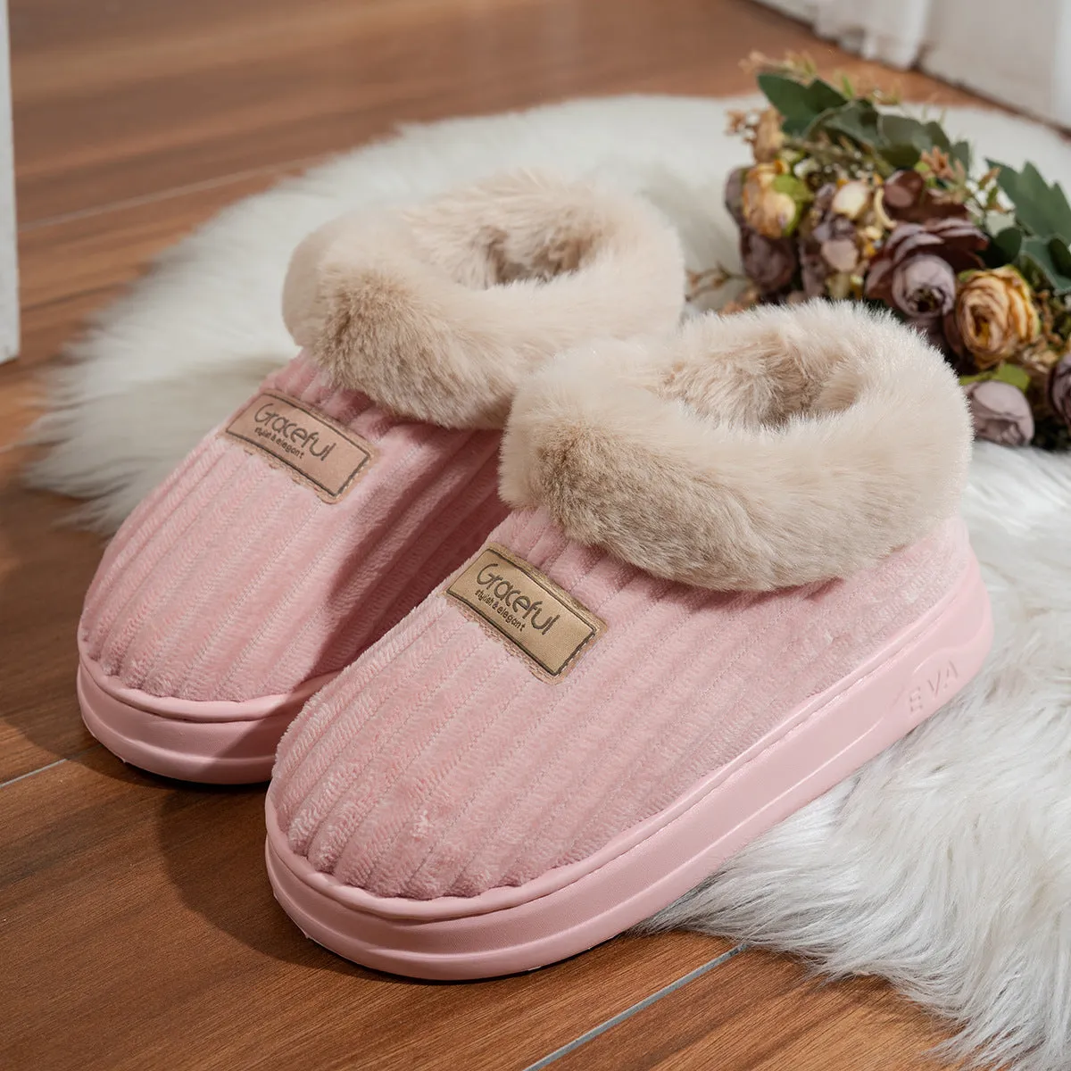 Unisex corduroy cotton round toe slippers in khaki colour, indoor footwear