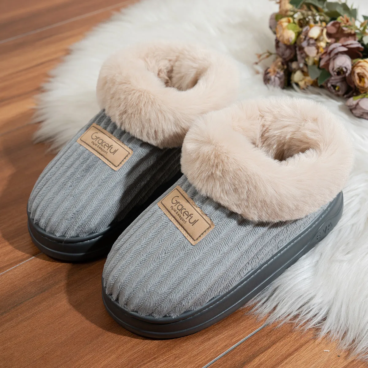Unisex corduroy cotton round toe slippers in khaki colour, indoor footwear