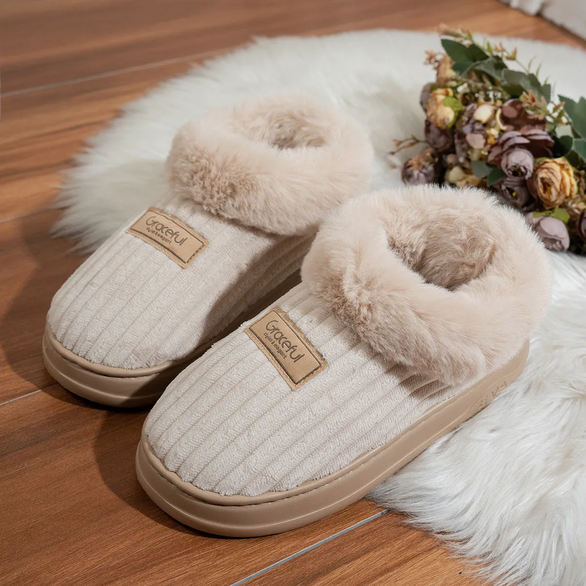 Unisex corduroy cotton round toe slippers in khaki colour, indoor footwear
