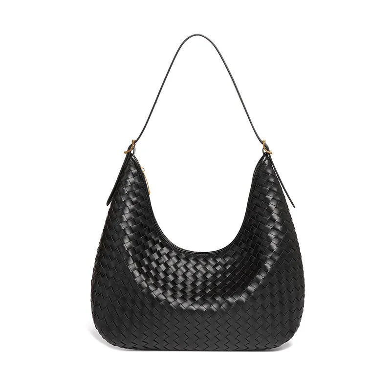 Fashionable large capacity French tote bag in black PU with weave design and horizontal square shape