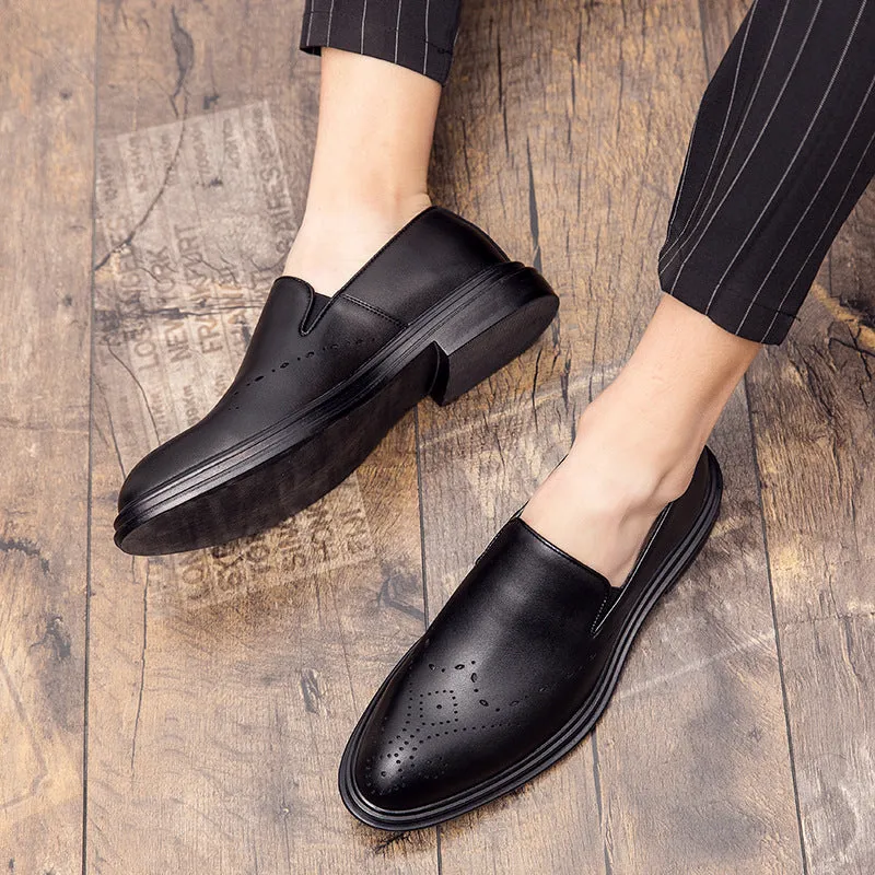 Big size men's slip-on loafers with pointed toe, black artificial PU upper and PU sole side view