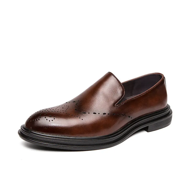 Big size men's slip-on loafers with pointed toe, black artificial PU upper and PU sole side view