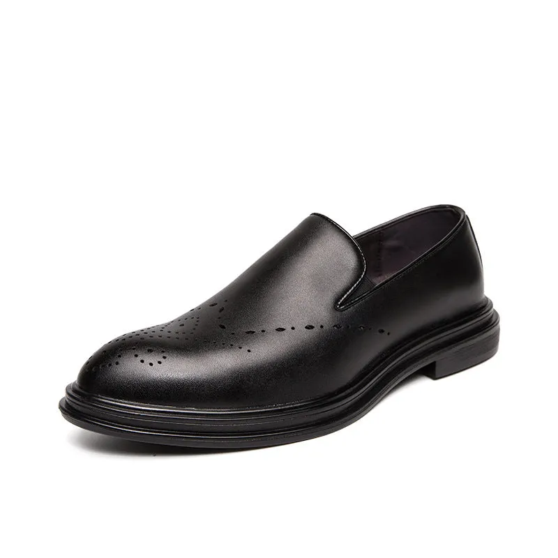 Big size men's slip-on loafers with pointed toe, black artificial PU upper and PU sole side view