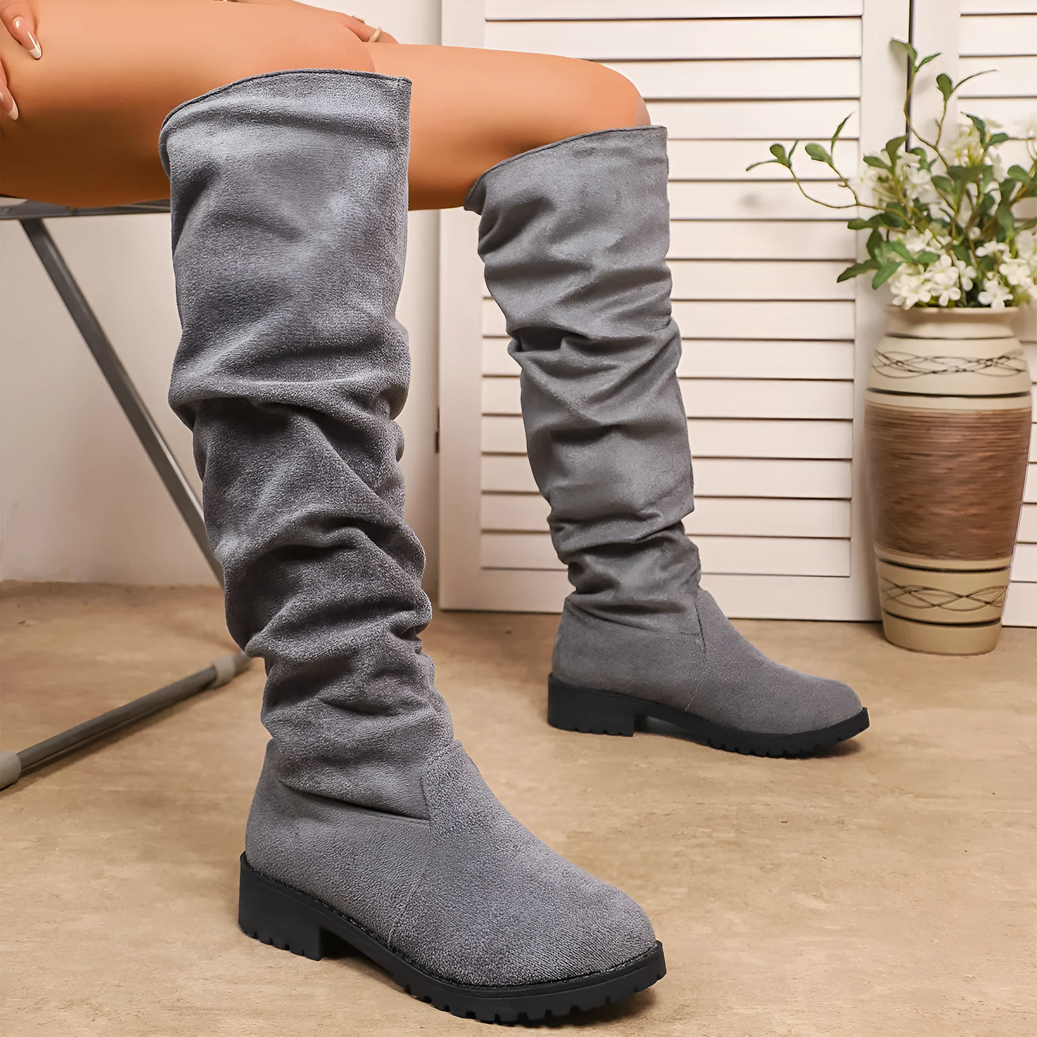 Fleece-lined over-the-knee winter boots for women, low chunky heel, suede upper in beige