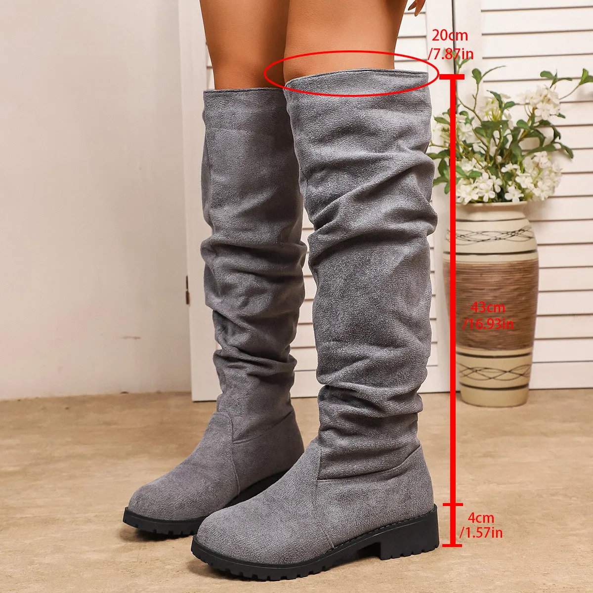 Fleece-lined over-the-knee winter boots for women, low chunky heel, suede upper in beige