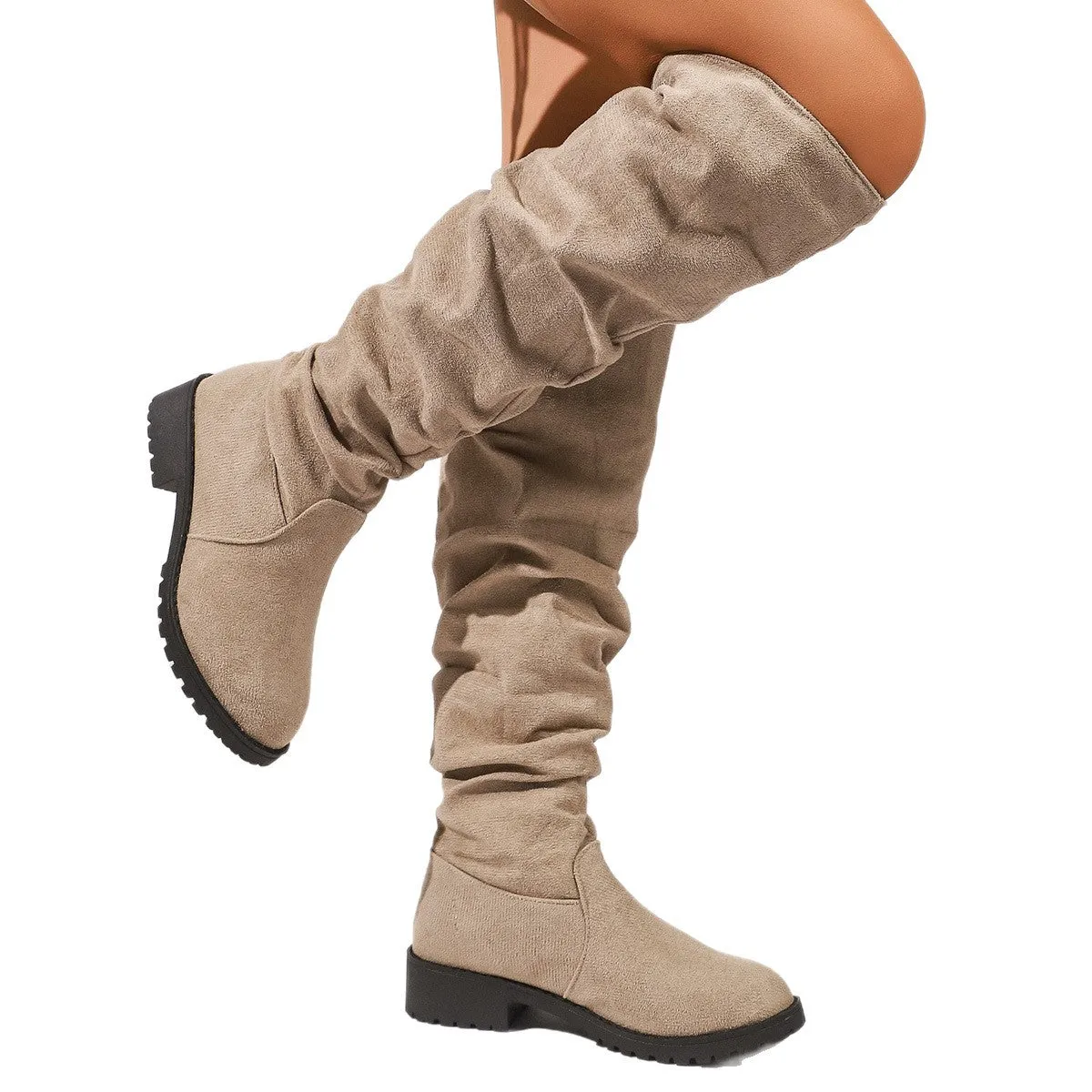 Fleece-lined over-the-knee winter boots for women, low chunky heel, suede upper in beige