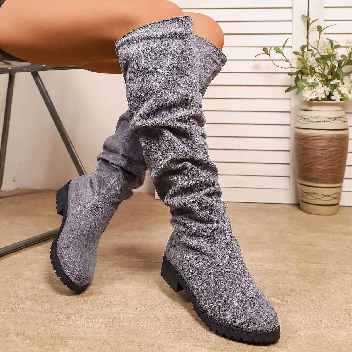 Fleece-lined over-the-knee winter boots for women, low chunky heel, suede upper in beige