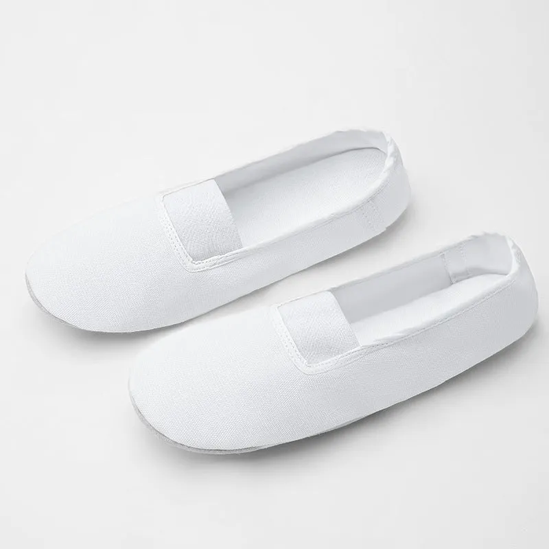 Ballet shoes with white calfskin leather sole and soft canvas upper in light beige colour