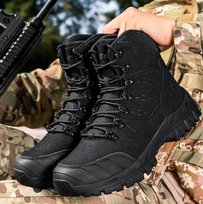 Men's outdoor training hiking boots with cowhide suede upper in black floral mouth military style