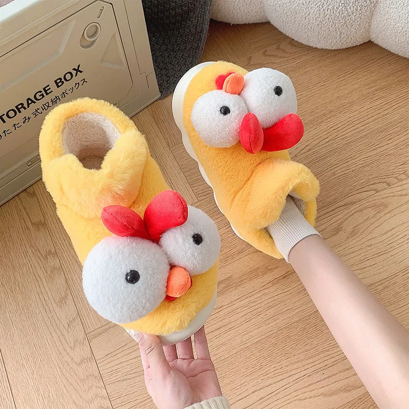Unisex cute chick cotton slippers in yellow with artificial plush upper, indoor winter wear