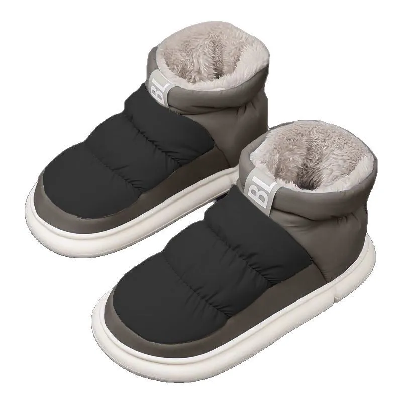 High-top men's down cotton shoes in black-gray with grid pattern upper and lace-up closure