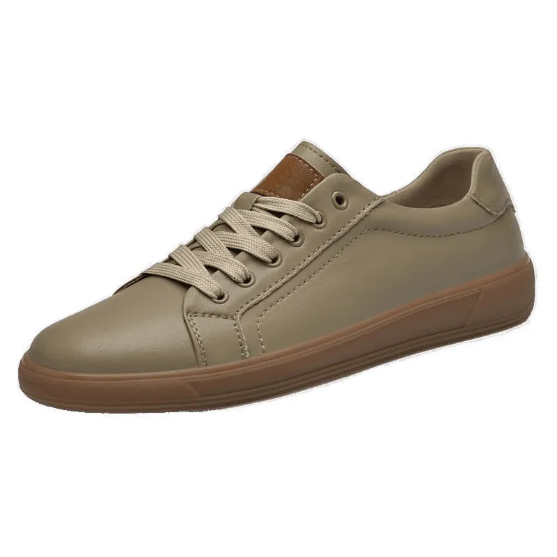 Spring fashion genuine leather low-top lace-up casual shoes for men, solid colour round toe, khaki colour