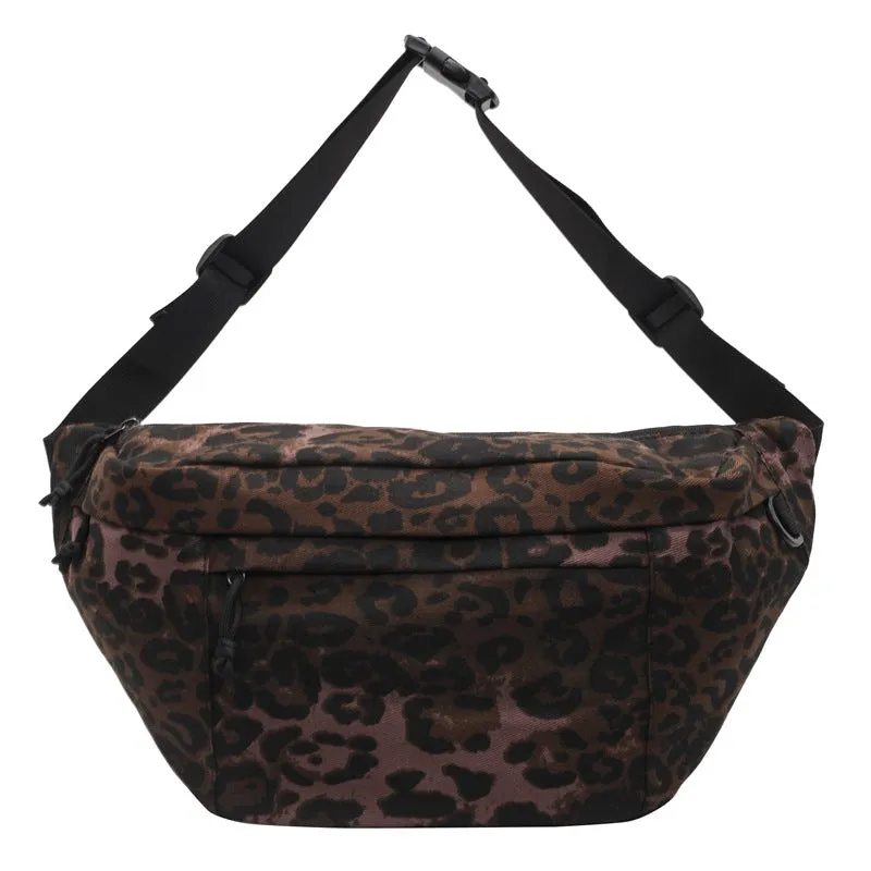 Retro canvas chest bag with leopard print and patchwork design, soft construction, available in multiple colours