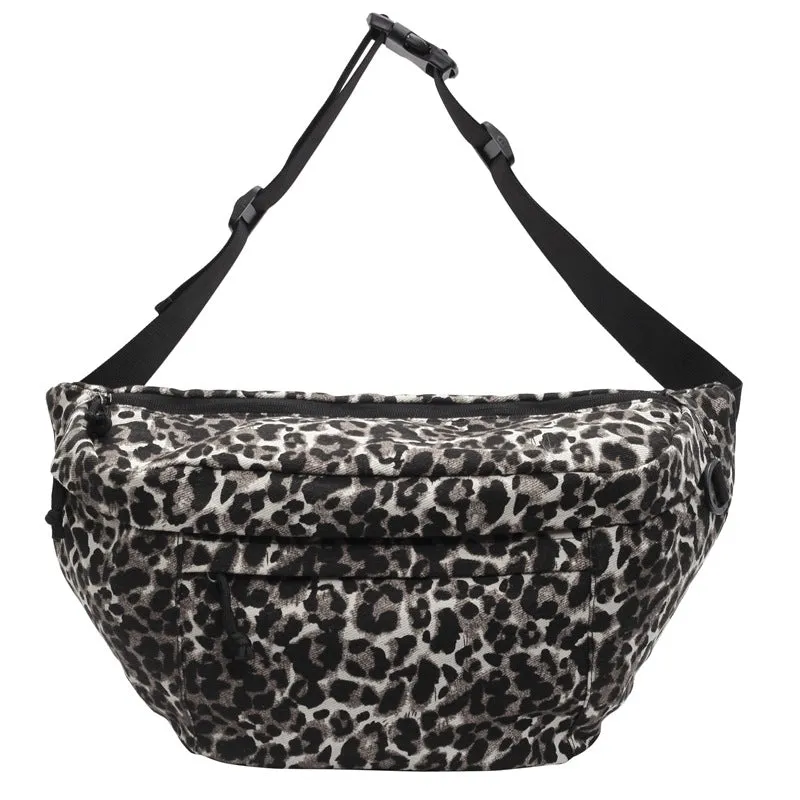 Retro canvas chest bag with leopard print and patchwork design, soft construction, available in multiple colours