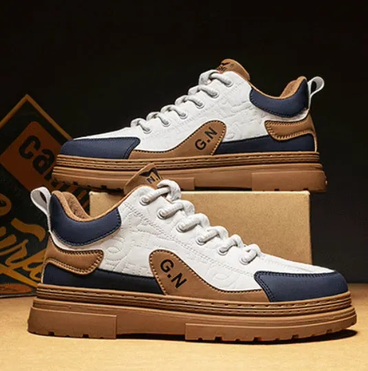 Black and white platform sneakers with thick rubber sole and microfiber leather insole.
