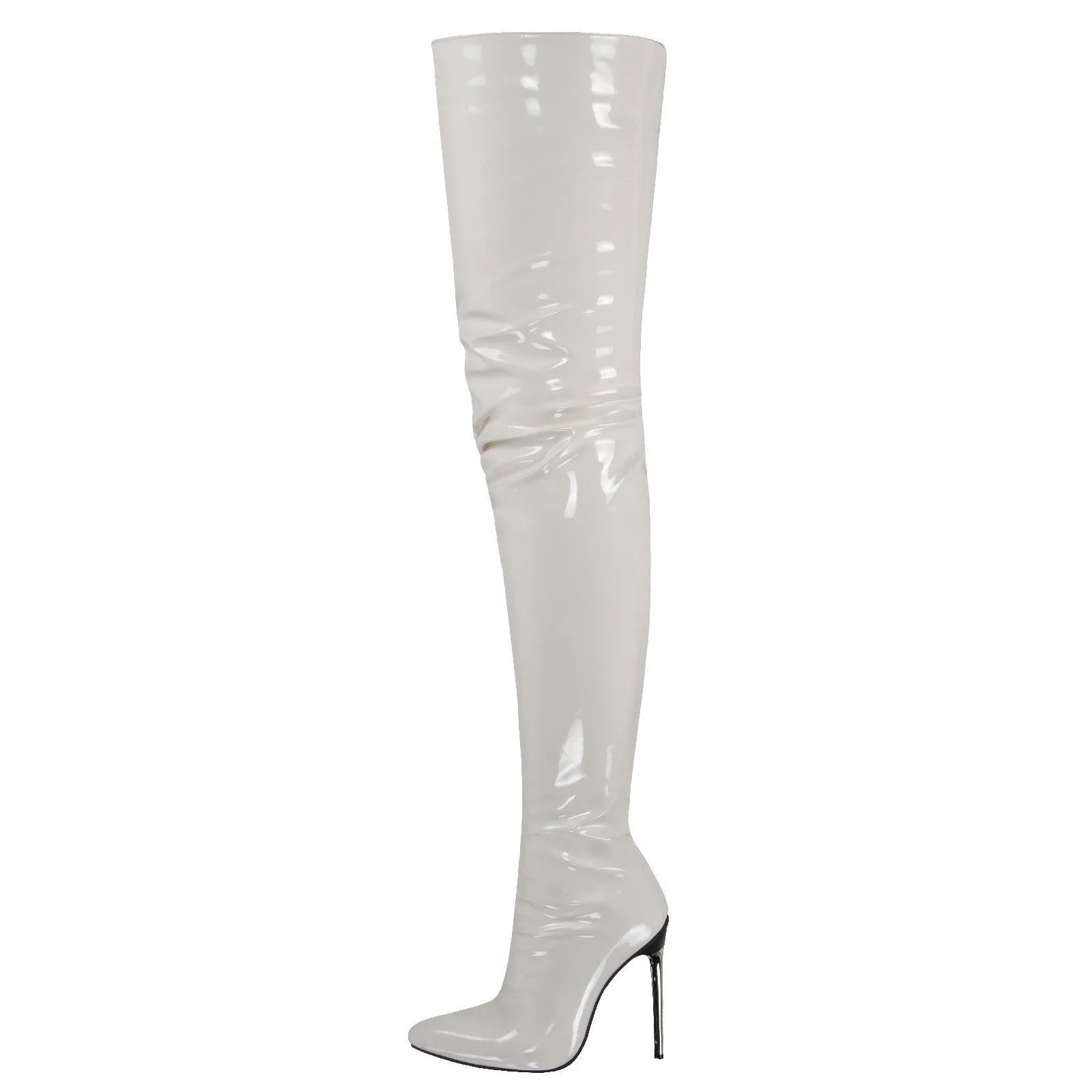Lady's plus-size over-the-knee fashion boots with metal heels in black, side zipper, size 35-48