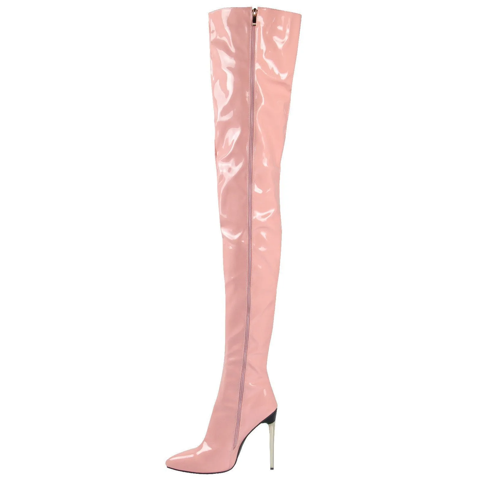 Lady's plus-size over-the-knee fashion boots with metal heels in black, side zipper, size 35-48